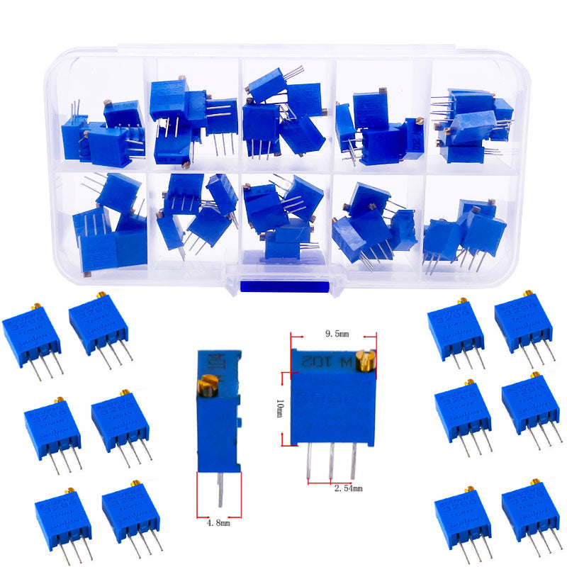 50pcs 3296W Multiturn Trimmer Potentiometer Kit – 500R to 1M Ohm Set