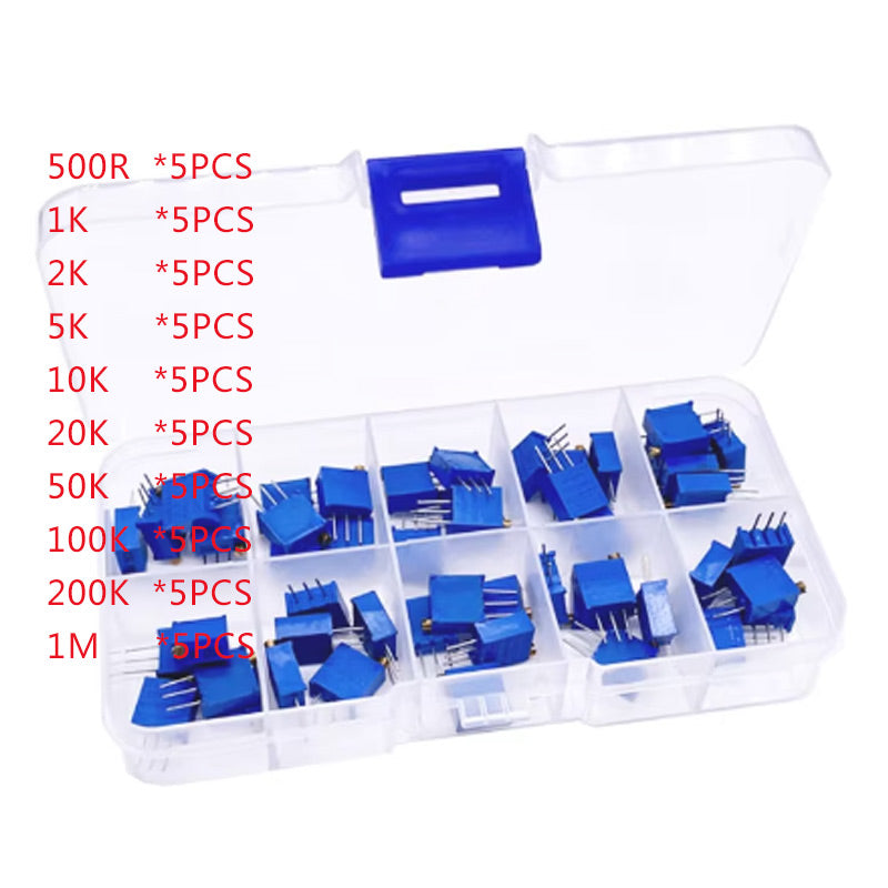50pcs 3296W Multiturn Trimmer Potentiometer Kit – 500R to 1M Ohm Set
