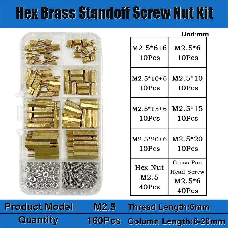 120pcs Brass M2 Standoff Kit – Hex Spacer Screw & Nut for PCB Mounting