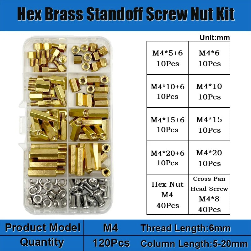 120pcs Brass M2 Standoff Kit – Hex Spacer Screw & Nut for PCB Mounting