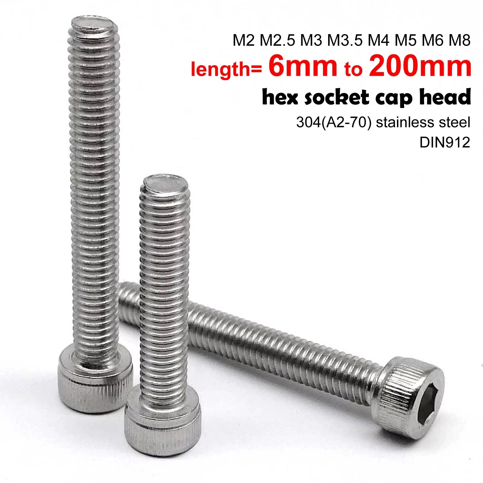 304 Stainless Steel M2-M12 Hex Socket Cap Screw – DIN912 Allen Bolt 6-200mm