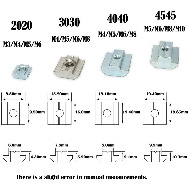 200pcs T-Slot Sliding Nut M4 M5 M6 M8 – Carbon Steel EU Standard Nut Set