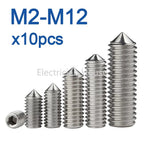10pcs DIN914 304 Stainless Steel Cone Point Grub Screw – M2 to M12 Hex Set