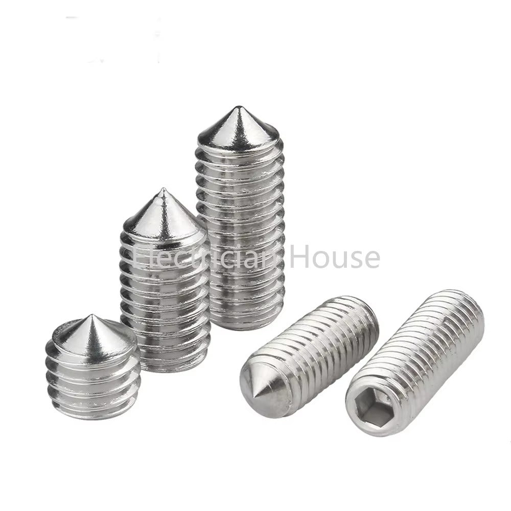 10pcs DIN914 304 Stainless Steel Cone Point Grub Screw – M2 to M12 Hex Set