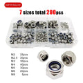 200pcs DIN985 304 Stainless Steel Nylock Nut Kit – M2 to M8 Locknut Set