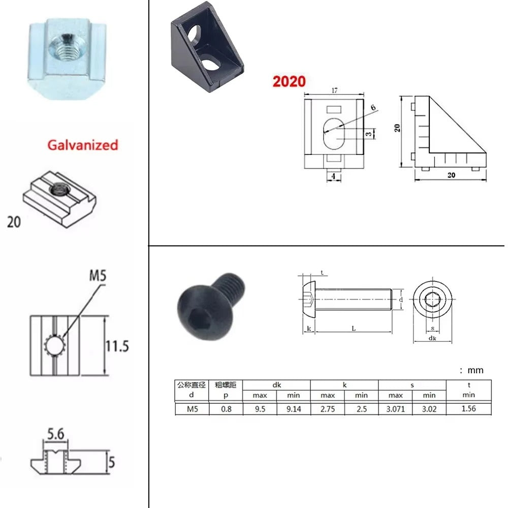 Black 2020 Aluminum Profile Connector Set – 20pc Corner Bracket & M5 Nuts