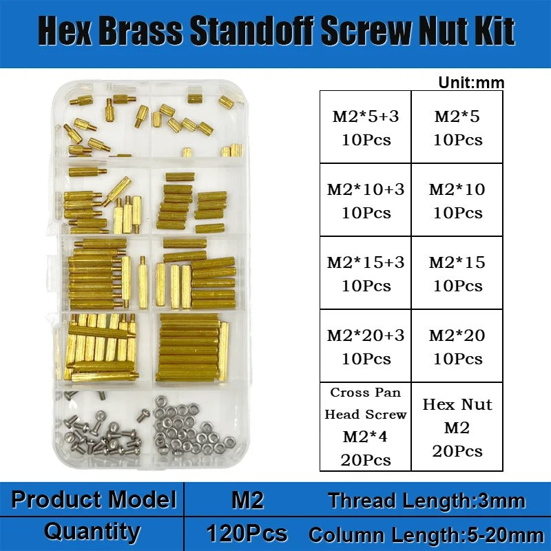 120pcs Brass M2 Standoff Kit – Hex Spacer Screw & Nut for PCB Mounting