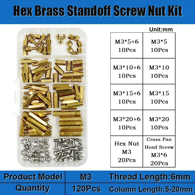 120pcs Brass M2 Standoff Kit – Hex Spacer Screw & Nut for PCB Mounting