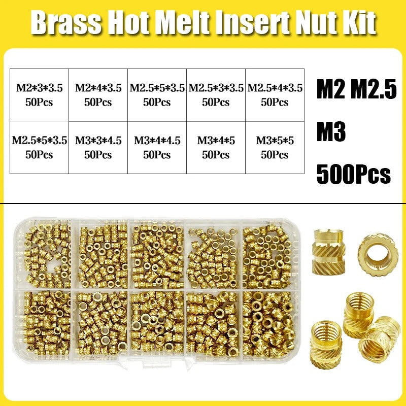 Brass Heat-Set Threaded Inserts M2-M6 – 3D Printing & Molding Nut Kit